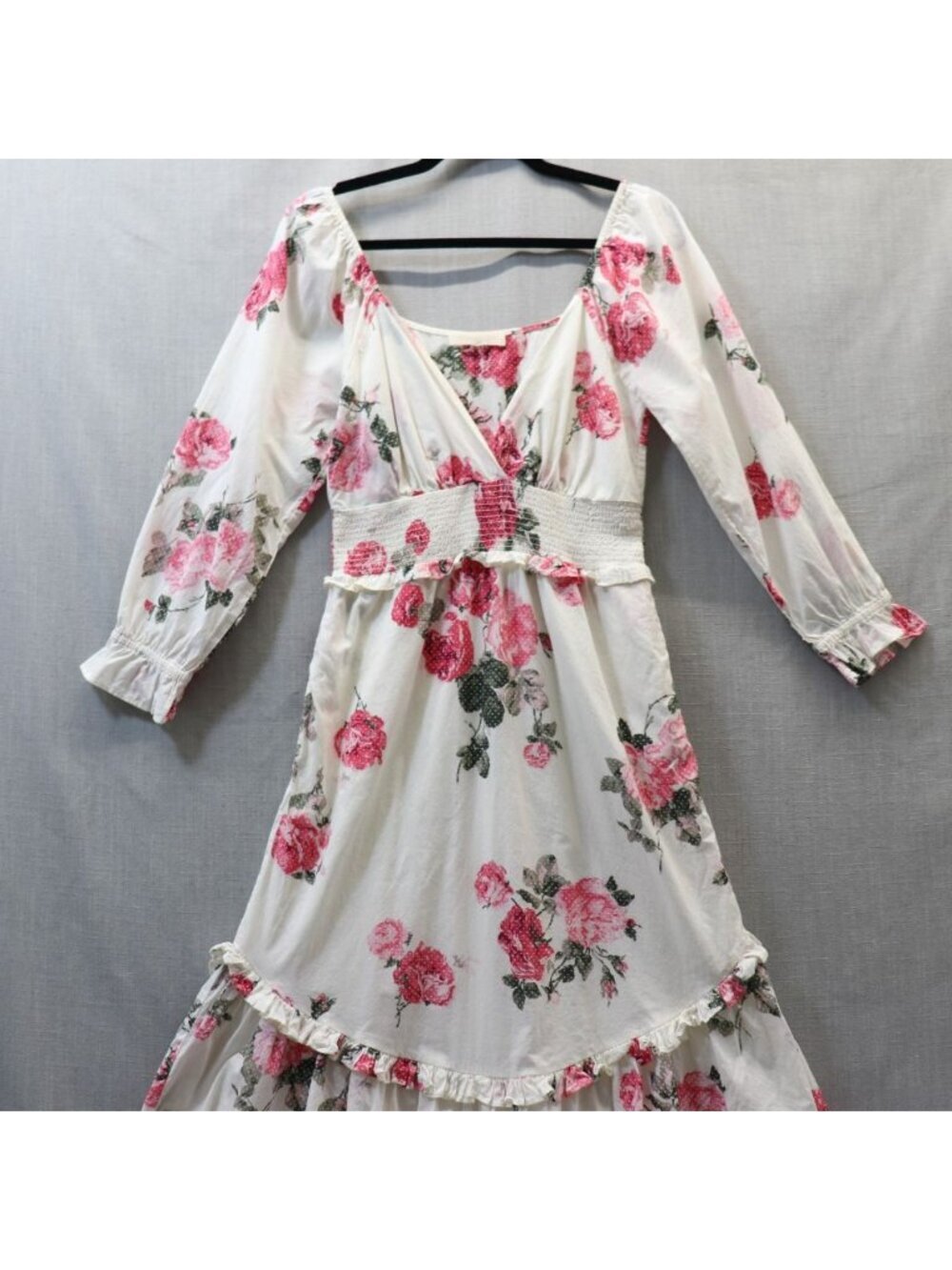 LoveShackFancy Firefly Dress Paradise Pink Floral Smocked Midi S/M Cotton V-Neck - Picture 9 of 16
